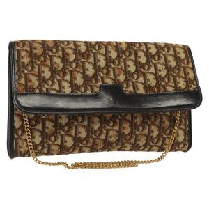 Authentic Christian Dior Trotter Canvas Chain Shoulder Bag Brown Gold